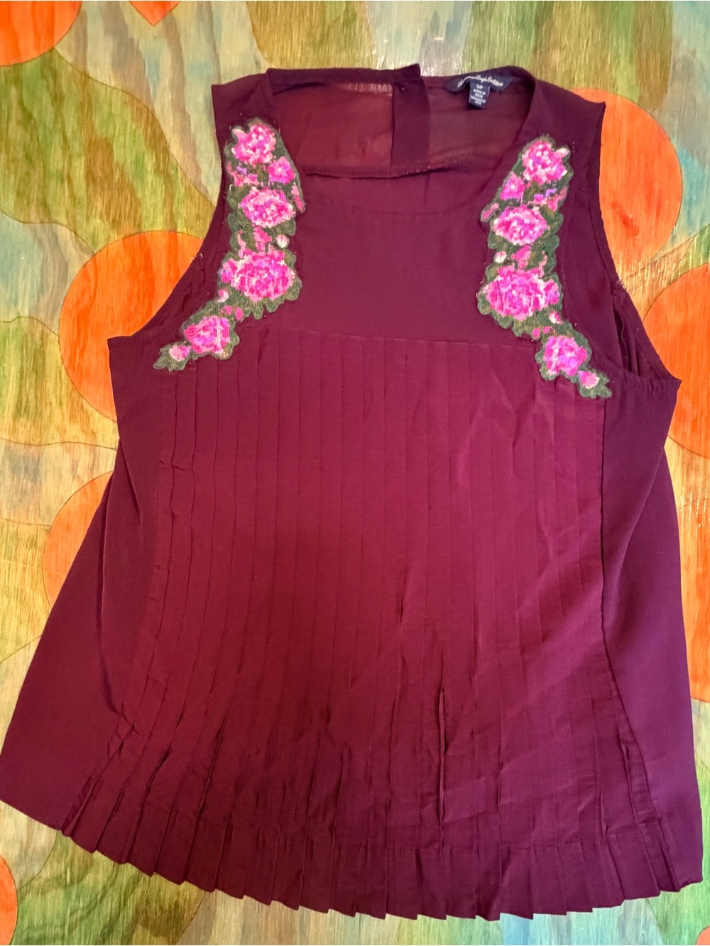 American Eagle Womens Sz Small Plum Burgundy Embroidered Pleated Sleeveless Top